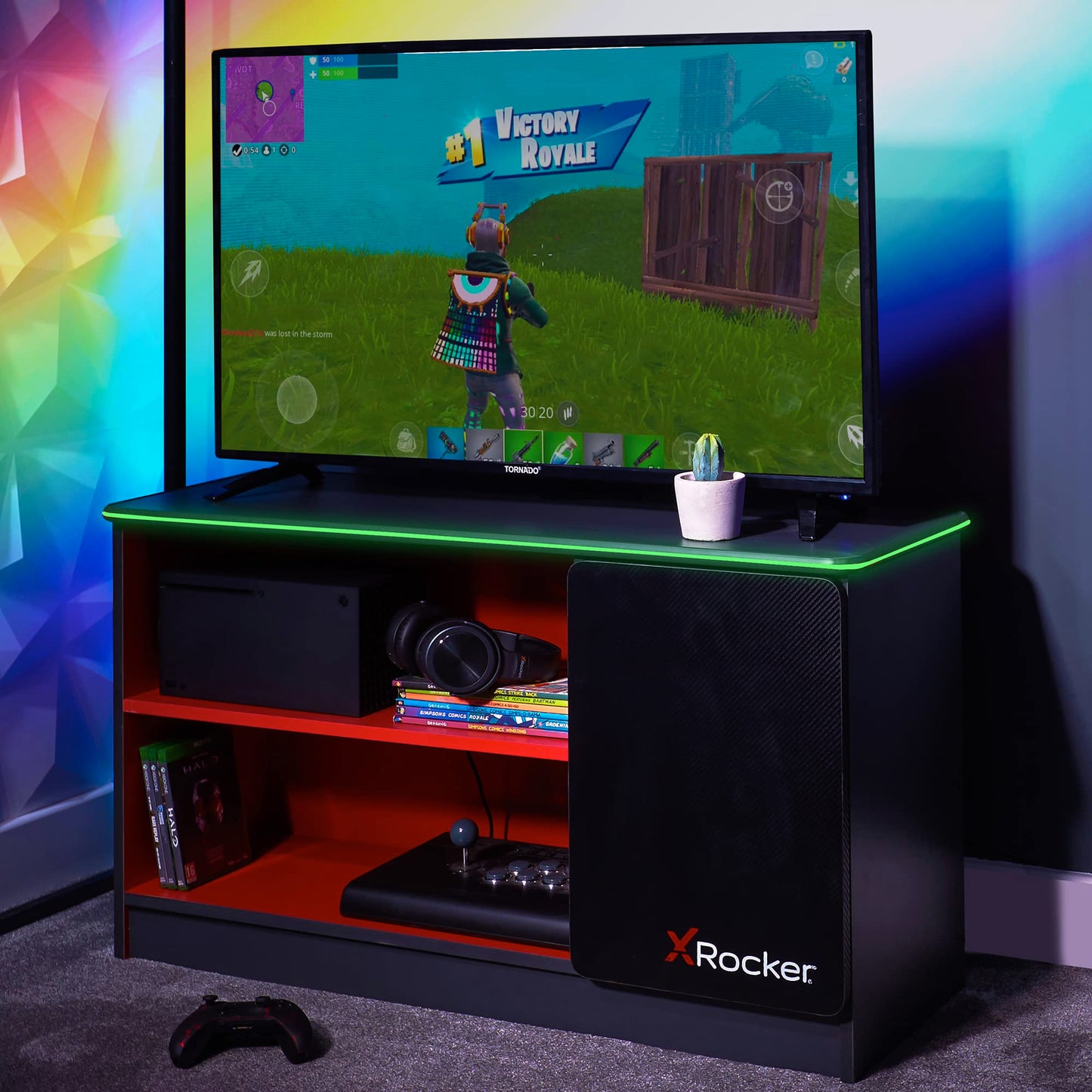 X-Rocker Carbon-Tek 100cm Width, RGB LED TV Stand Media Centre - Neo Fibre Lighting, 2 Open Shelves, 2 Shelf Storage Cupboard
