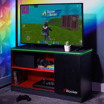 X-Rocker Carbon-Tek 100cm Width, RGB LED TV Stand Media Centre - Neo Fibre Lighting, 2 Open Shelves, 2 Shelf Storage Cupboard