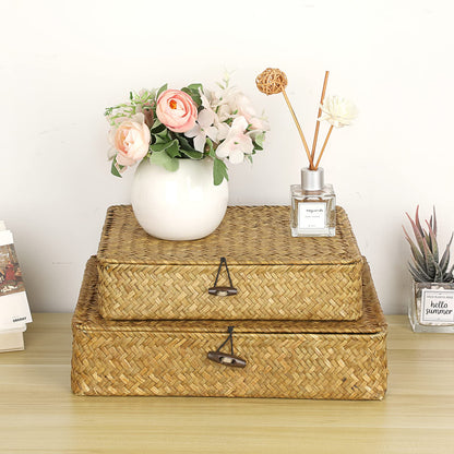 IGNPION Set of 2 Seagrass Storage Basket with Lid Flat Organiser Baskets for Shelf