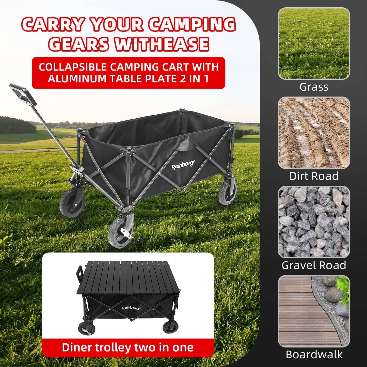 Rainberg Folding Trolley on Wheels & Table on Top Cart with Adjustable Handle & Cover Bag, Foldable Wagon for Outdoor Camping, Picnic, Shopping 120KG