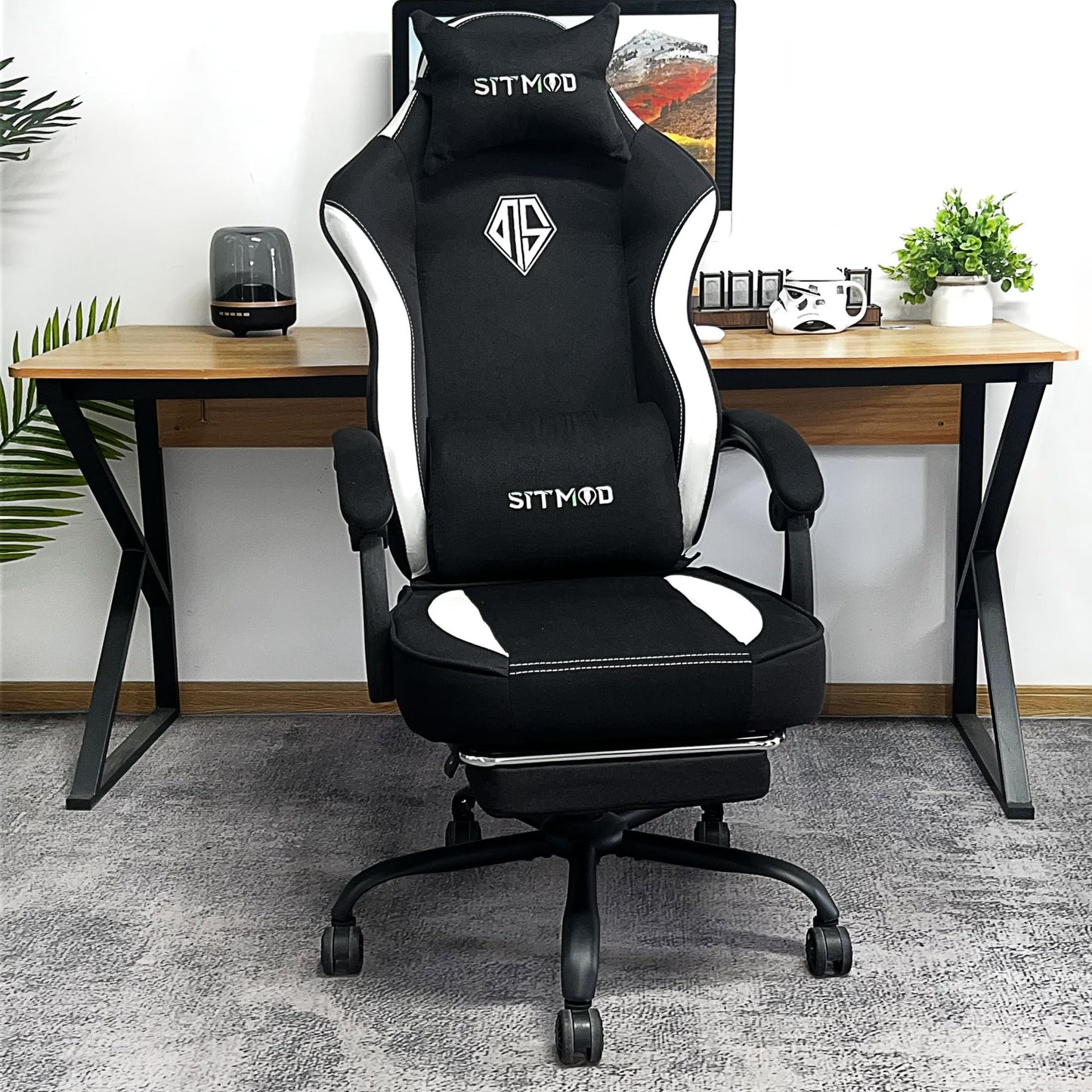 SITMOD Fabric Gaming Chair with Footrest, High Back PC Video Game Chair with Pocket Spring, Ergonomic Computer Desk Chair with Linkage Armrests