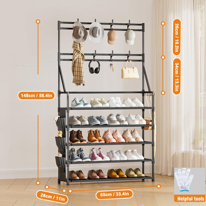 OYREL 5 Tier Shoe Rack with 8 Hooks & 3 Side Pockets for 20-25 Pairs Shoes