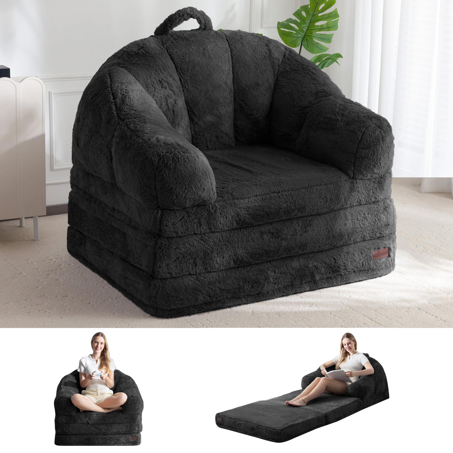 MAXYOYO Single Sofa Bed, Folding Bean Bag Chair, Faux Fur Fabric