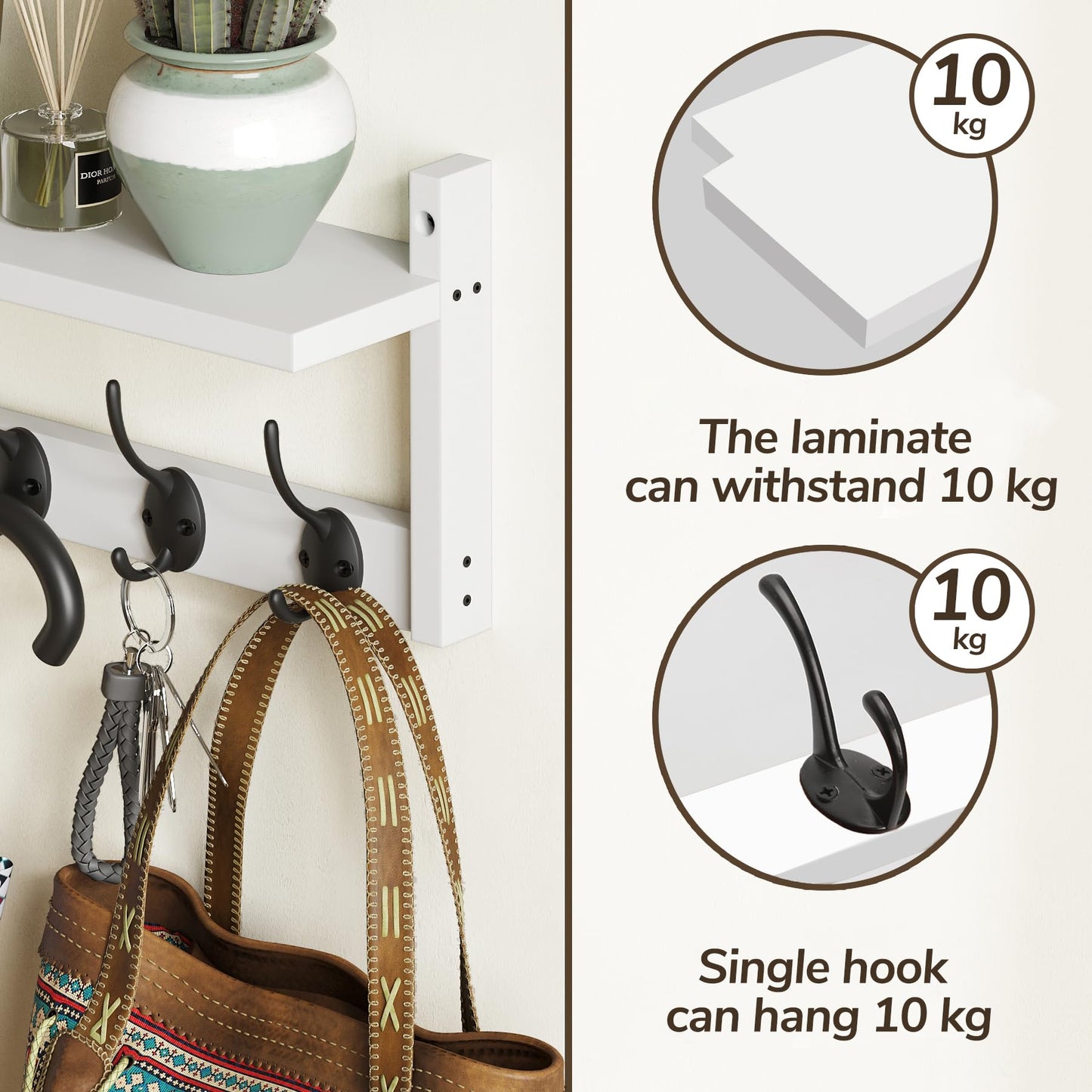 AMBIRD 87cm Wooden Wall Coat Hooks with Shelf - Stylish and Practical Wall-Mounted Storage - 10 Hooks for Hanging Coats, Hats, Keys, Bags, Scarves