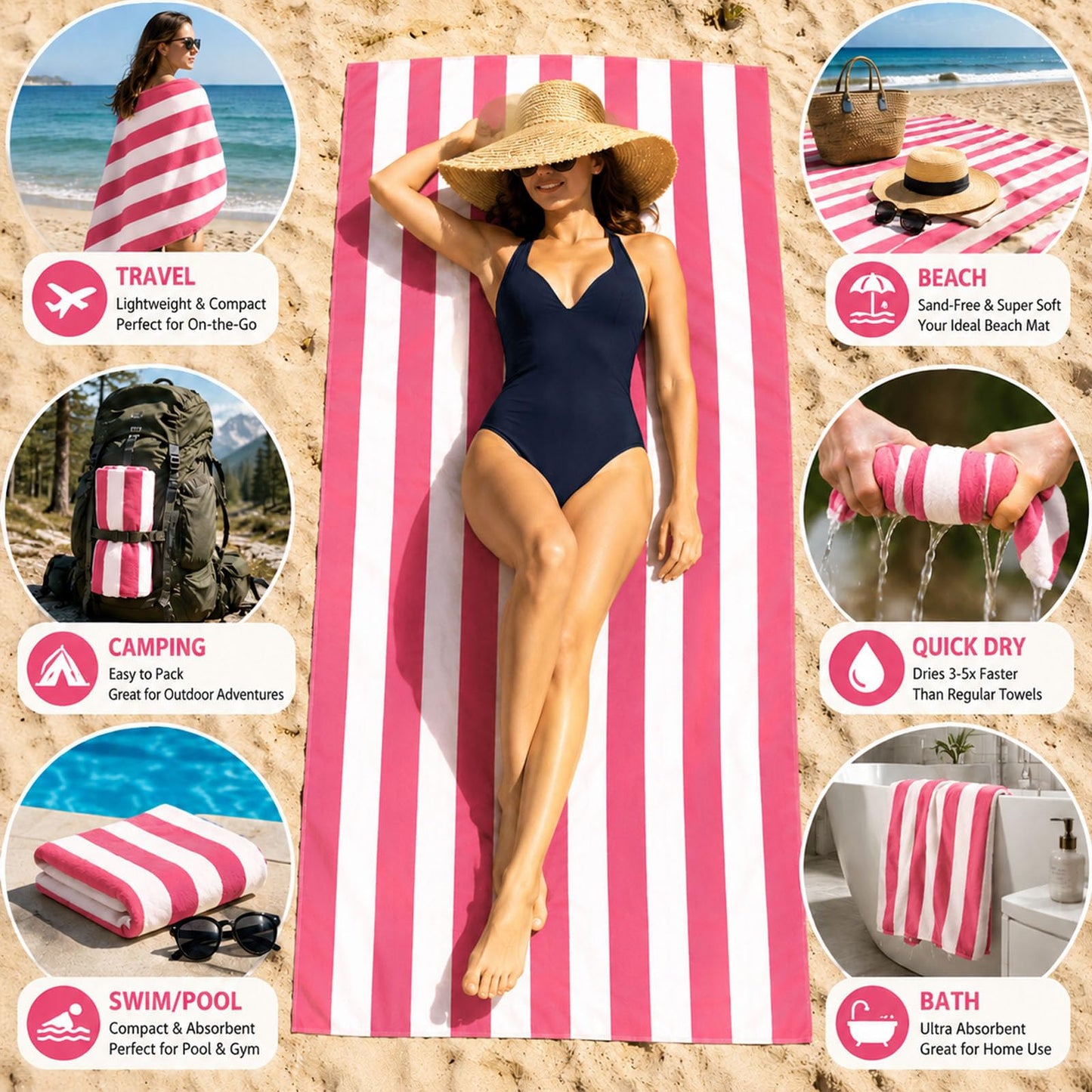 Admygo Microfibre Beach Towels for Adults - 2 Pack 180 x 90 cm Extra Large Beach Towels with Drawstring Bags
