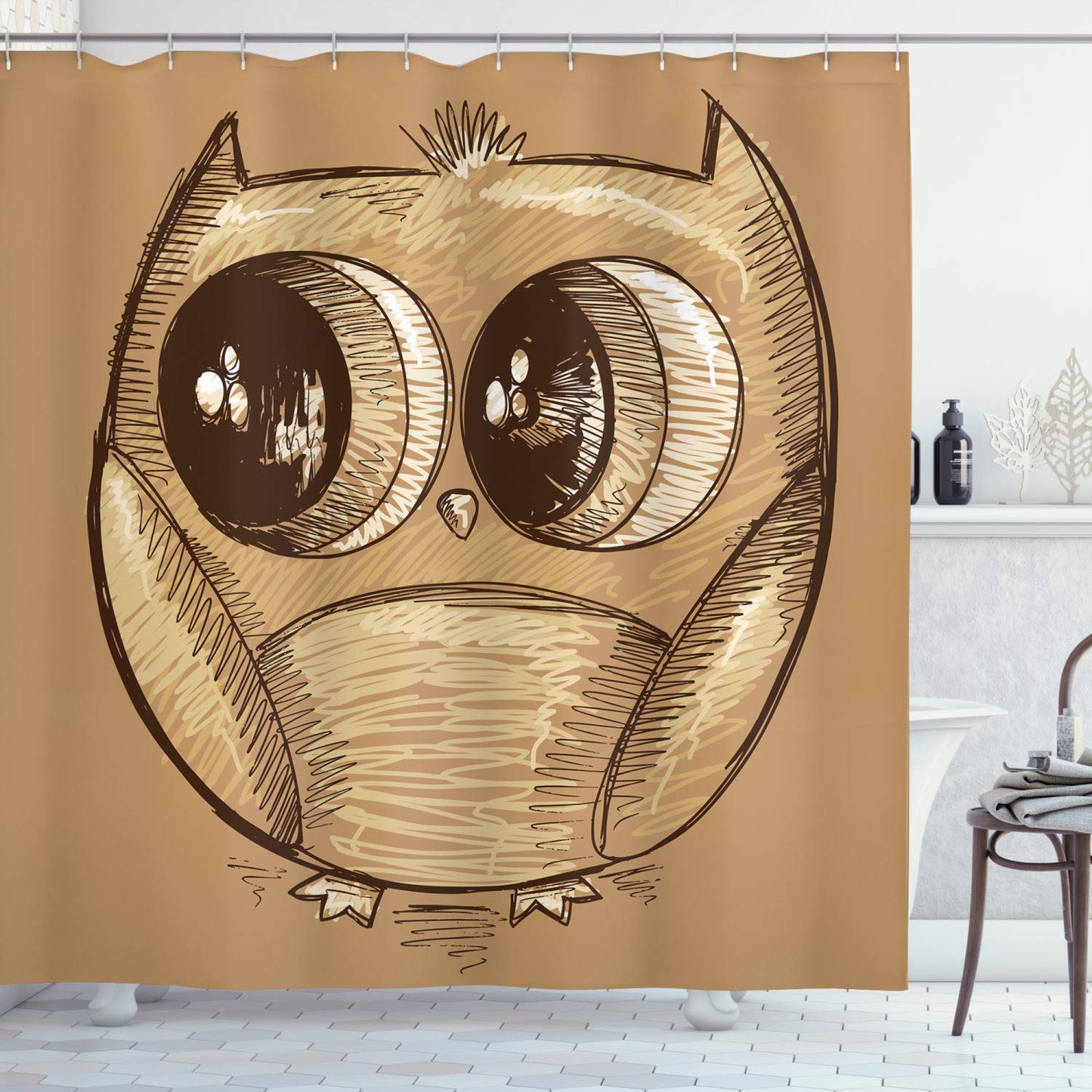 ABAKUHAUS Nursery Shower Curtain, Owl Sketch with Realistic Eyes and Very Tiny Feet Cartoon Style Drawing Print, Cloth Fabric Bathroom Decor Set with