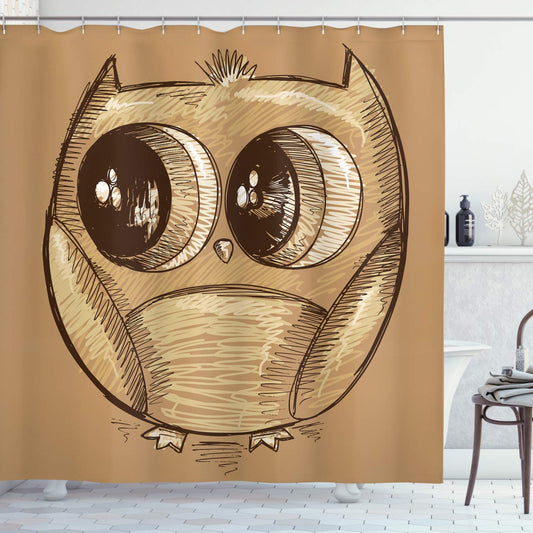 ABAKUHAUS Nursery Shower Curtain, Owl Sketch with Realistic Eyes and Very Tiny Feet Cartoon Style Drawing Print, Cloth Fabric Bathroom Decor Set with