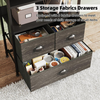 VERMESS 4-Tier Industrial Bookshelf with 3 Fabric Drawers, Storage Shelf, Bookcase with Doors, Adjustable Free Standing Display Shelf