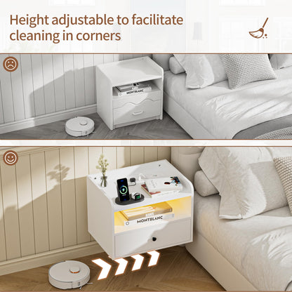 BonVache Set of 2 Floating Bedside Tables, Multi-Function Adjustable Lighting and Charging Station, Floating nightstand with Open Shelf and Drawer