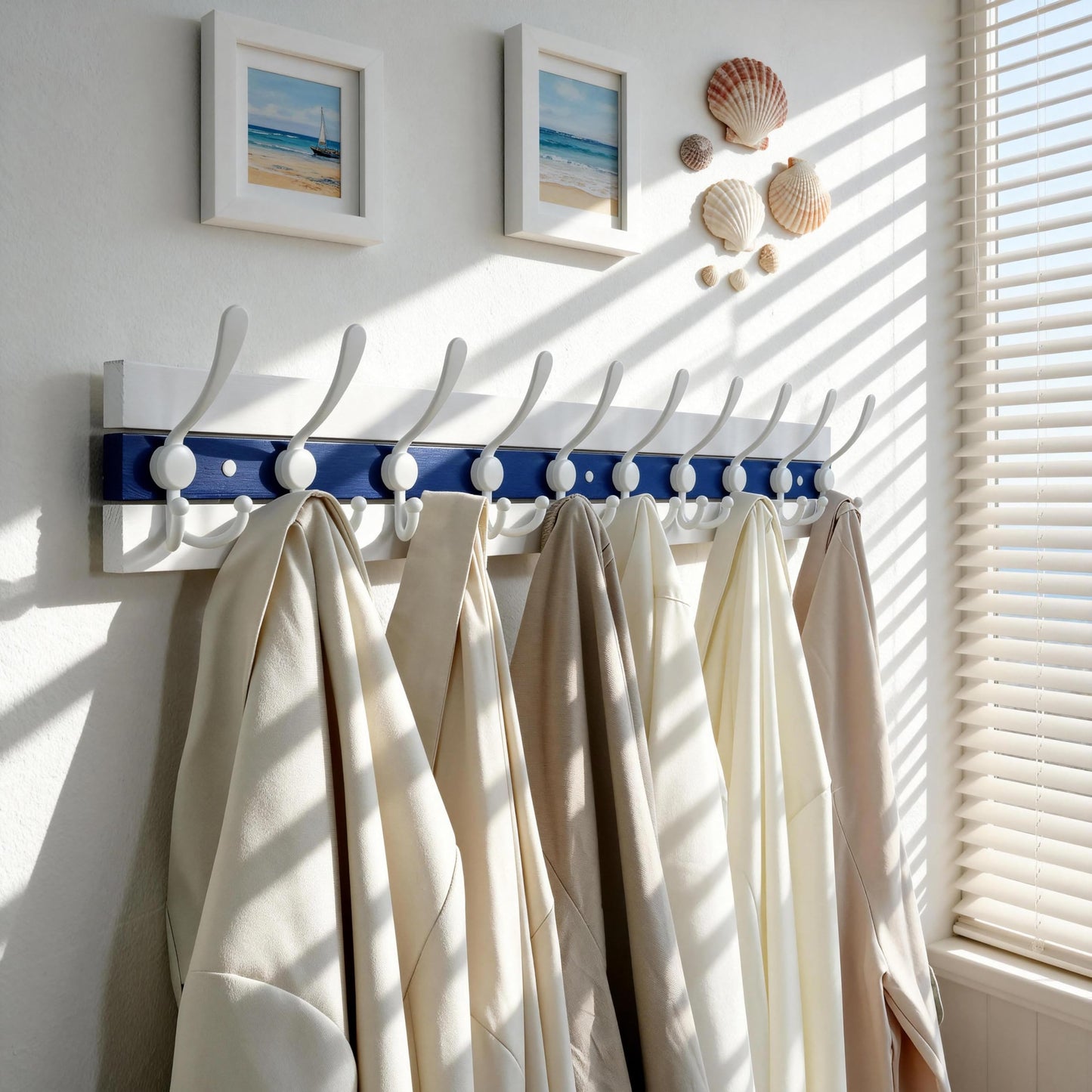 SKOLOO Coastal Coat Rack Wall Mount-97cm Beach House Entryway Wooden Coat Hook with 10 Hooks for Hanging Coats, Hats or Towels