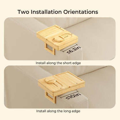 Wealone Bamboo Couch Arm Tray with 2 Rotatable Tray, Adjustable Sofa Arm Clip Table with Storage Box & 360° Phone Holder