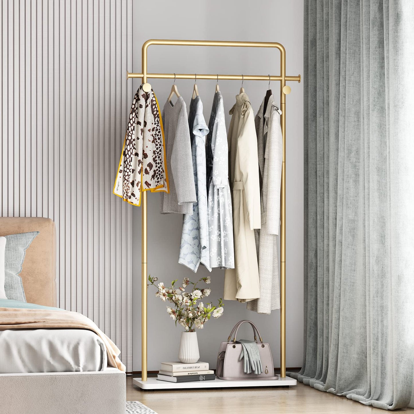 TIEOU Gold Clothes Rack With Shelf, Clothing Racks for Boutiques, Free-Standing Garment Rack for Hanging Clothes, Small Metal Coat Rack Heavy Duty