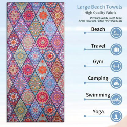 Vorvowry Microfibre Beach Towels for Adults Women Men Extra Large Lightweight Quick Dry Sand Free Travel Towel Double Sided Printing for Swim Sports