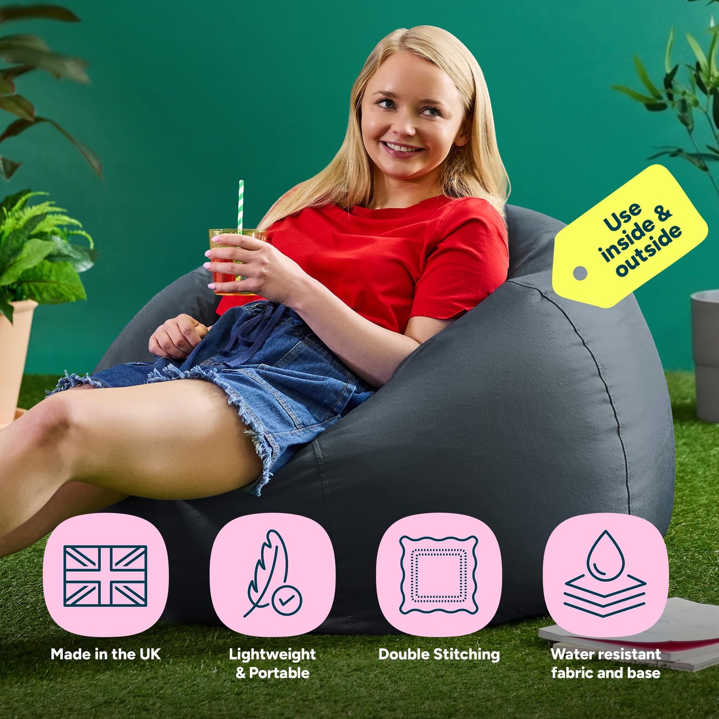 Bean Bag Bazaar Kingston Outdoor Bean Bag & Footstool with Filling, Grey