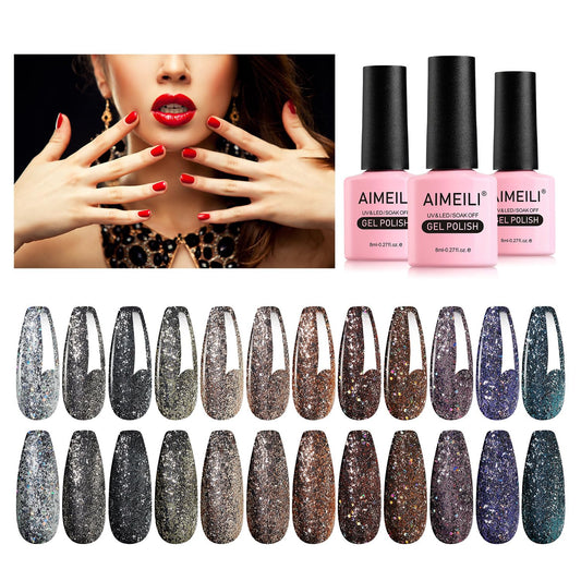 AIMEILI 12 Colors Christmas Glitter Gel Nail Polish Shiny Chunky Glitter Gel Polish Soak Off U V Nail Gel Sparkly Gel Nail Art Manicure Varnish Set