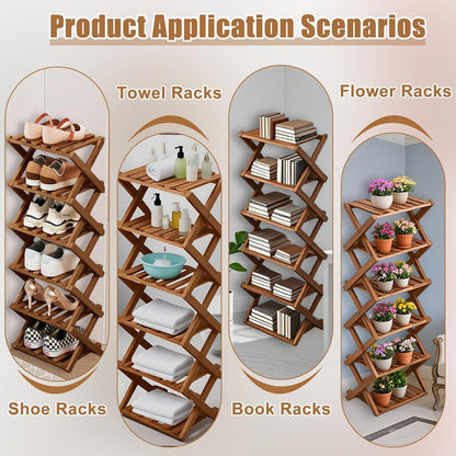 Kiss Me 4-Tier Foldable Bamboo Shoe Rack Narrow Vertical Organizer
