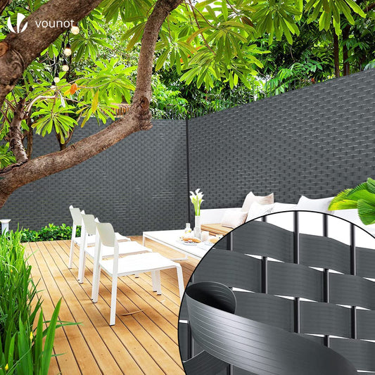 VOUNOT? PVC Privacy Strips Garden Privacy Fence Screen 150m x 4.7cm Double Rod Mats with 300 Clips for Deck, Patio, Balcony, Grey