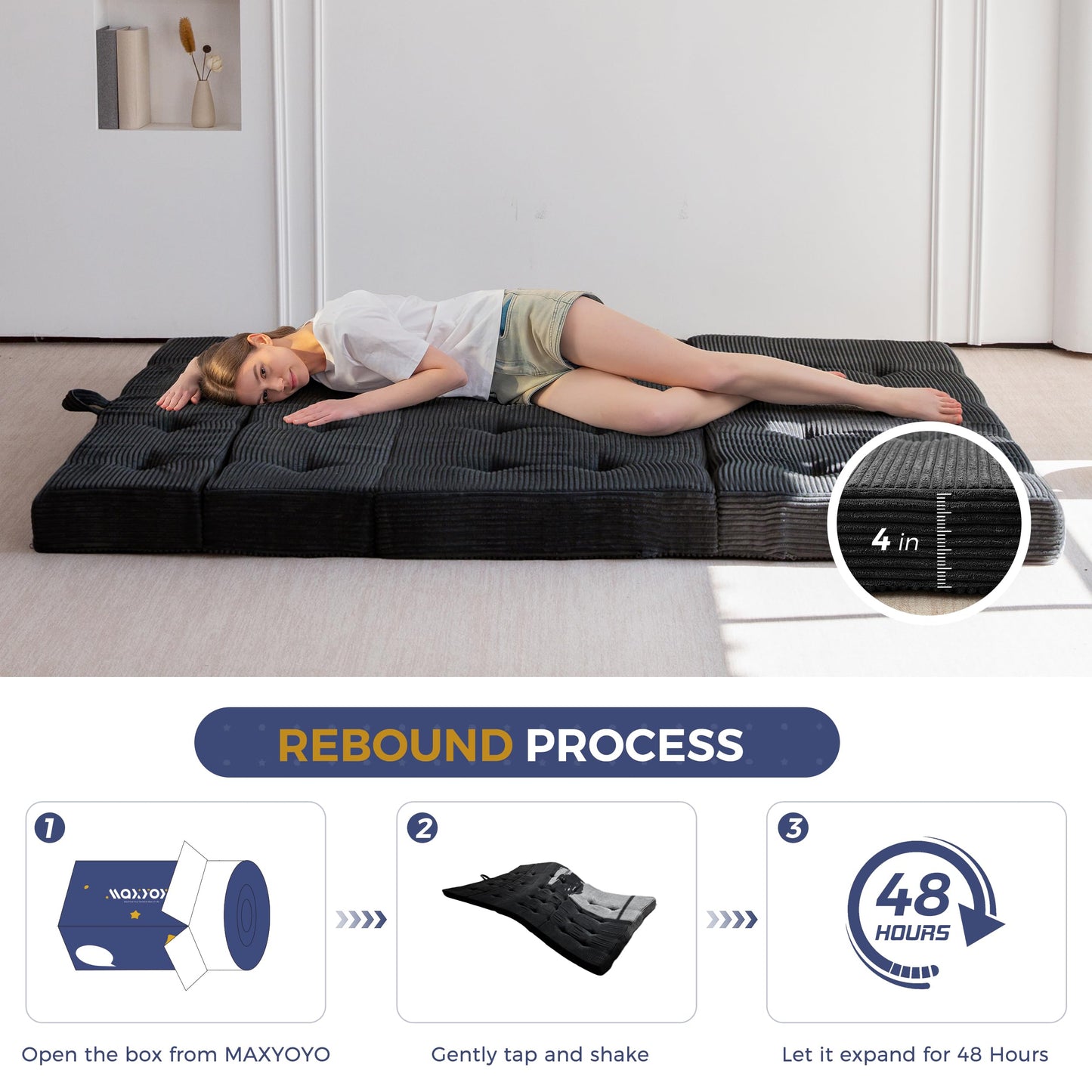 MAXYOYO Folding Mattress Double, Comfy Foldable Sofa Couch Bed, Guest Mattress with Handles Floor Futon Sofa Bed for Guest