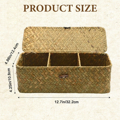 Ollanoos Seagrass Storage Basket with Lid, Rectangular Woven Organizer with 3 Compartments, Ideal for Snacks Toys and Bathroom Essentials