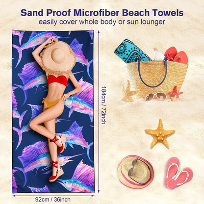 Violetpos Colorful Sailfish Print Beach Towel, Extra Large 180x90 cm 250GSM Microfibre, Sand Free Quick Dry