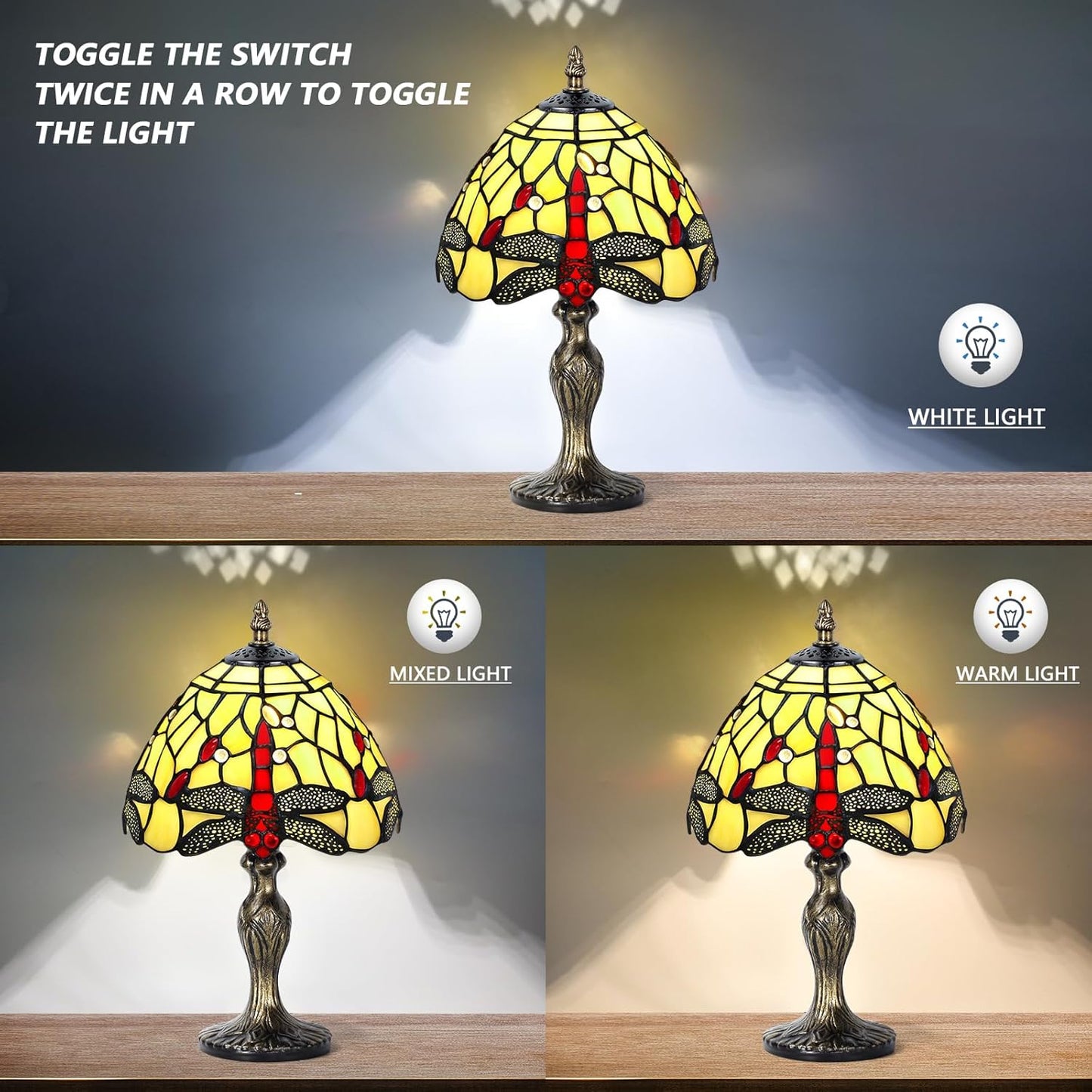 MIAOKE Table Lamp Stained Glass Crystal Bead Style Table Light, Handmade Desk Bedside Table Night Lamp Antique Art Craft Gifts Lover Kid Living Room Bedroom Study Bookcase Desk Light(Light-W Dragonfly)