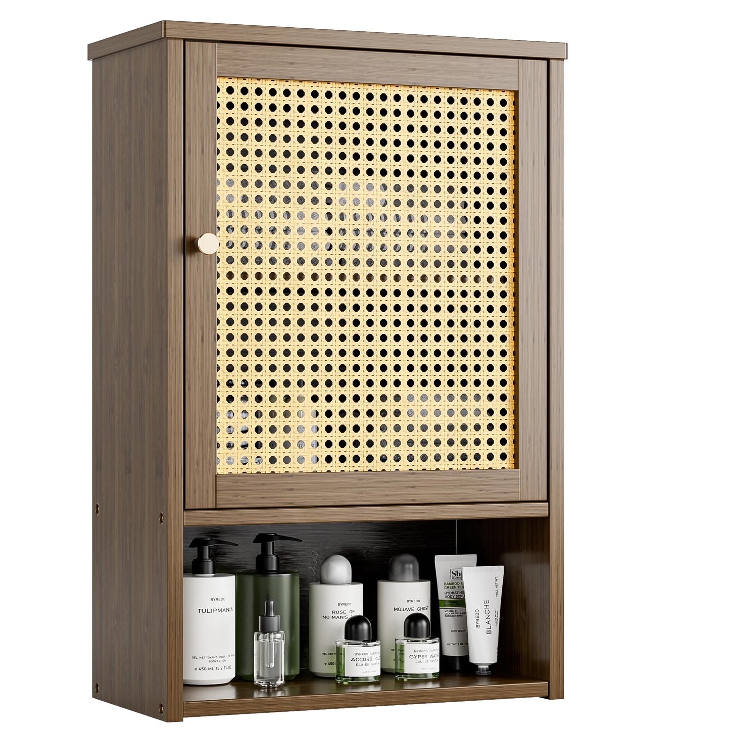 vovala Bathroom Wall Cabinet, Bamboo Over-The-Toilet Storage Organizer with Rattan Doors and Adjustable Shelf