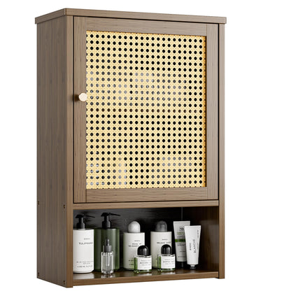 vovala Bathroom Wall Cabinet, Bamboo Over-The-Toilet Storage Organizer with Rattan Doors and Adjustable Shelf