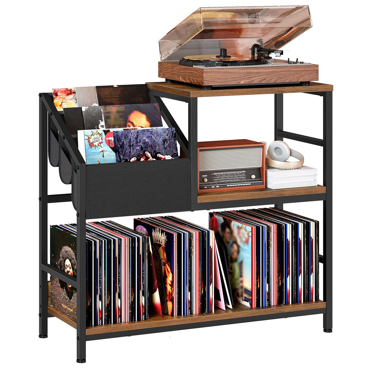 HOOBRO Record Player Stand, Vinyl Record Storage up to 240 Records, Turntable Stand with 3 Oxford Fabric Pockets, for Living Room, Study