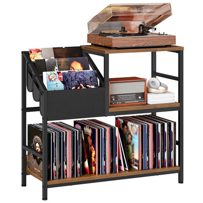 HOOBRO Record Player Stand, Vinyl Record Storage up to 240 Records, Turntable Stand with 3 Oxford Fabric Pockets, for Living Room, Study