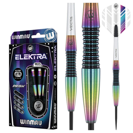 WINMAU Elektra 90% Tungsten Steel Tip Darts with Prism Flights and Vecta Shafts (Stems) 22 gram - Urban Grip - Match Weighed - Streamline Torpedo