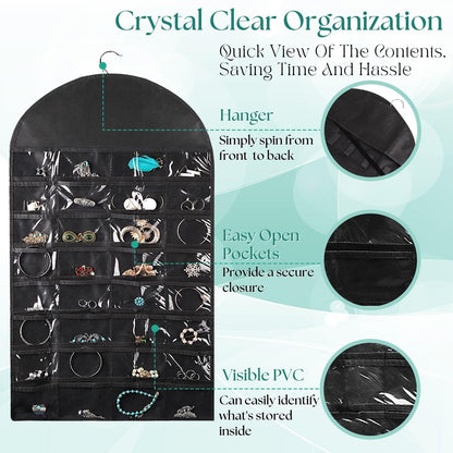 Flexzion Hanging Jewelry Organizer – (1 Pack) Black 32 Clear Pockets & 18 Hooks & Loops