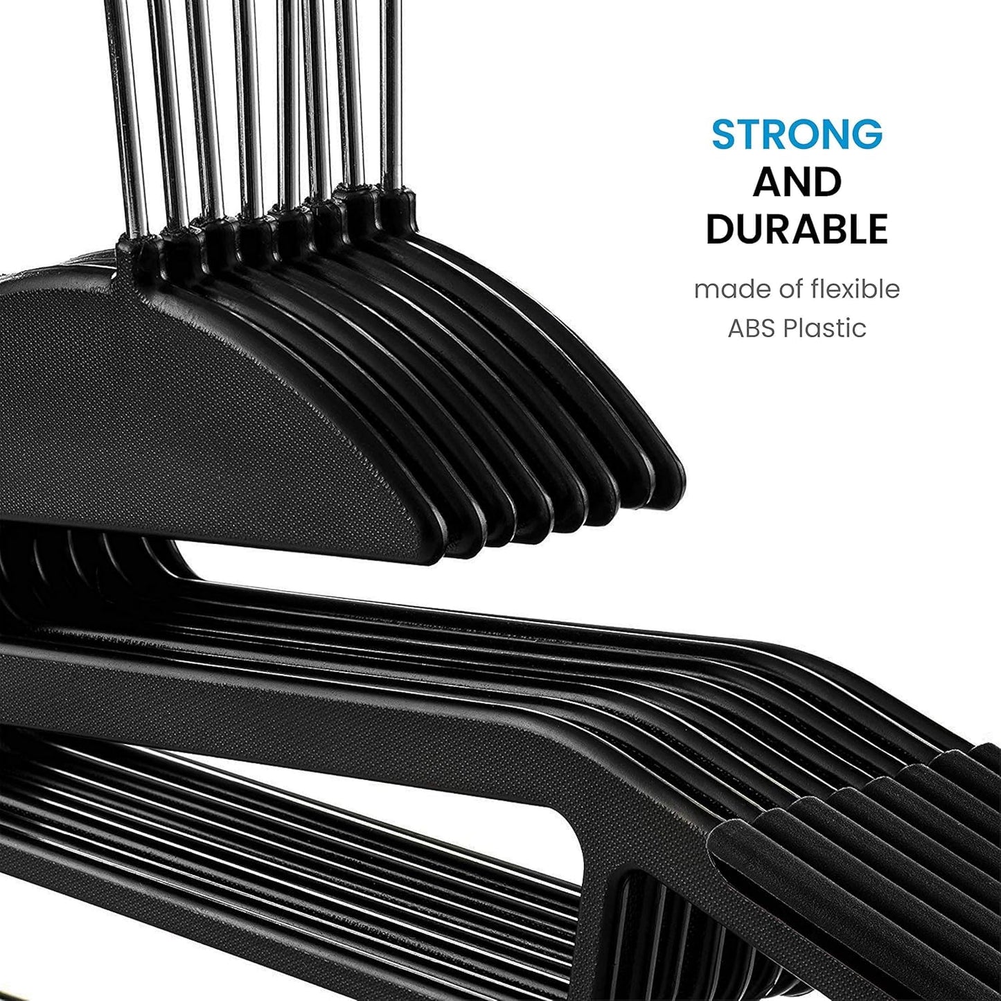 DrySmart Pack of 20 Heavy Duty Black Coat Hangers, 0.5cm Thick, S-Shaped Opening, Non-Slip Plastic Clothes Hanger Space Saving Slim Design