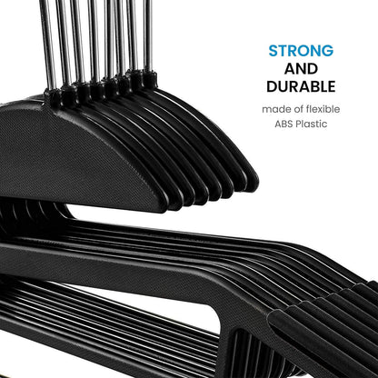 DrySmart Pack of 20 Heavy Duty Black Coat Hangers, 0.5cm Thick, S-Shaped Opening, Non-Slip Plastic Clothes Hanger Space Saving Slim Design