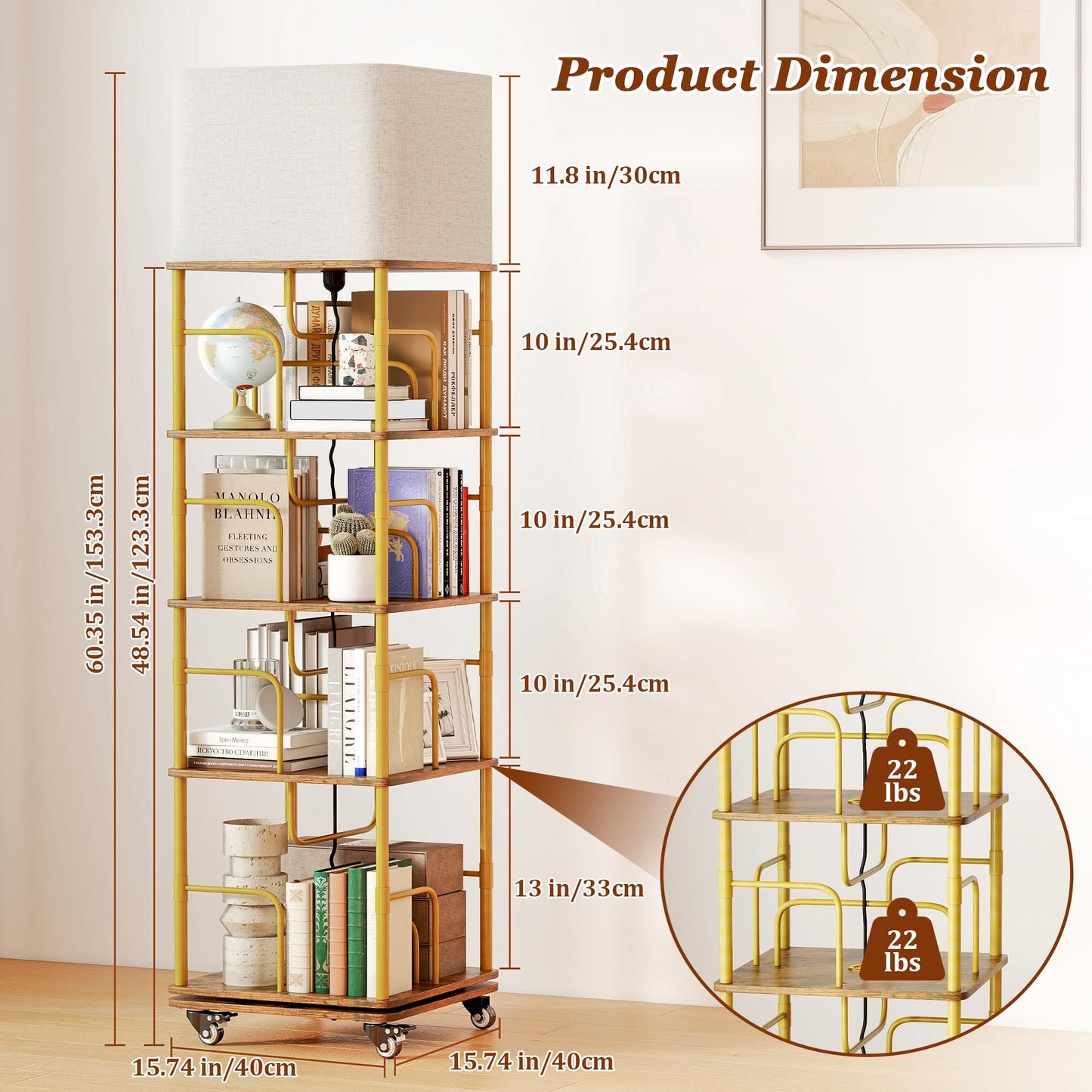 Quikraen 4-tier Rotating Bookshelf with LED and Lockable Castors，Gold+Brown