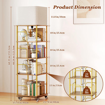 Quikraen 4-tier Rotating Bookshelf with LED and Lockable Castors，Gold+Brown