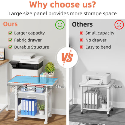OYRREU 3 Tier Printer Stand on Wheels, Height Adjustable Mobile Table White
