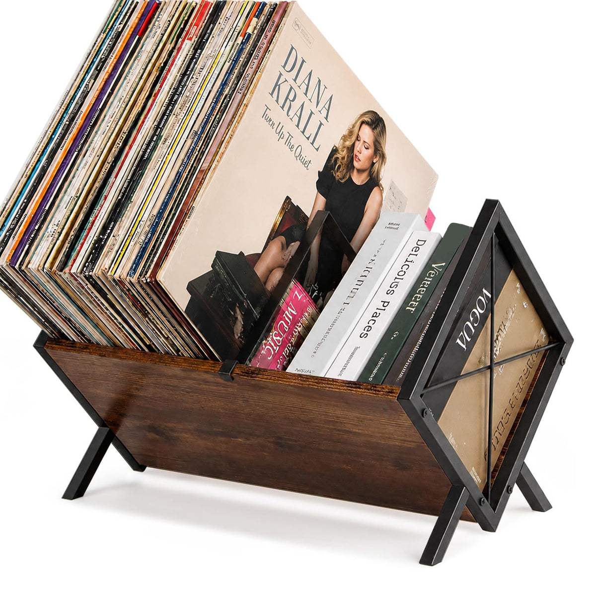 NBOUOU Vinyl Record Storage Rack, Record Holder with Adjustable Divider 80 LP Capacity, Magazine Rack Brown Retro Style Organizer