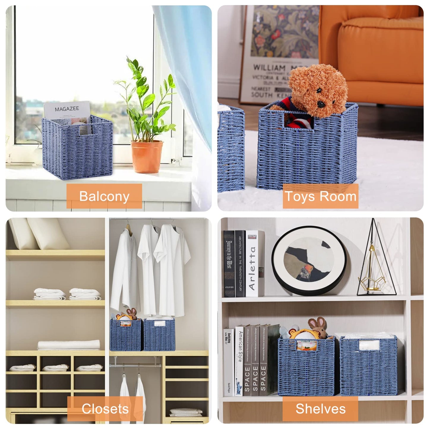Vagusicc Wicker Storage Basket, Set of 2 Handwoven Paper Rope Collapsible Woven Baskets, 9'' x 9'' x 9'' Cube Storage Bins with Handle