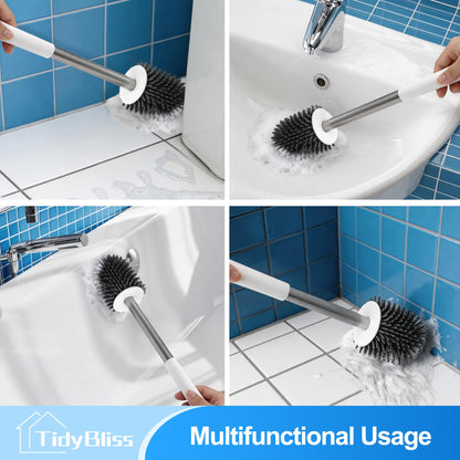 TidyBliss Silicone Toilet Brush and Holder Set, Wall-Mounted Compact Rubber Bathroom Bowl Cleaning Kit with Tweezers for RV Camper Bathtub Sink Wash