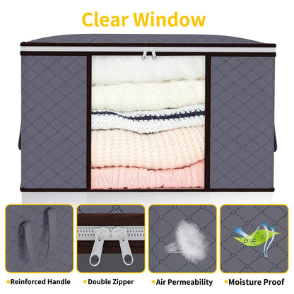 90L Storage Bags with Lid and Zips,3 Pack Foldable Storage Box with Reinforced Handle Thick Fabric Clear Window for Clothing Bedding Blankets, Grey