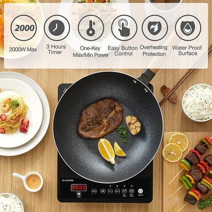 AMZCHEF Single Induction Hob, Portable Induction Hob, 10 Temperature Settings and Power levels from 300W to 2000W, Black Frosted Glass Panel,Sensitive