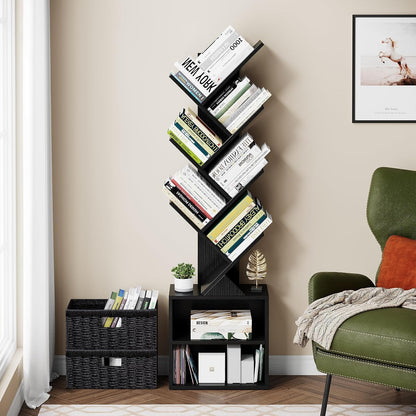 Vagusicc 6 Tier Tree Bookshelf, Modern Floor Standing Bookcase with Storage Drawer, Space Saving Storage Organizer Book Shelves for Books