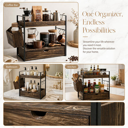 Bathroom Counter Organizer with Drawer and Basket, Wooden Skincare Holder