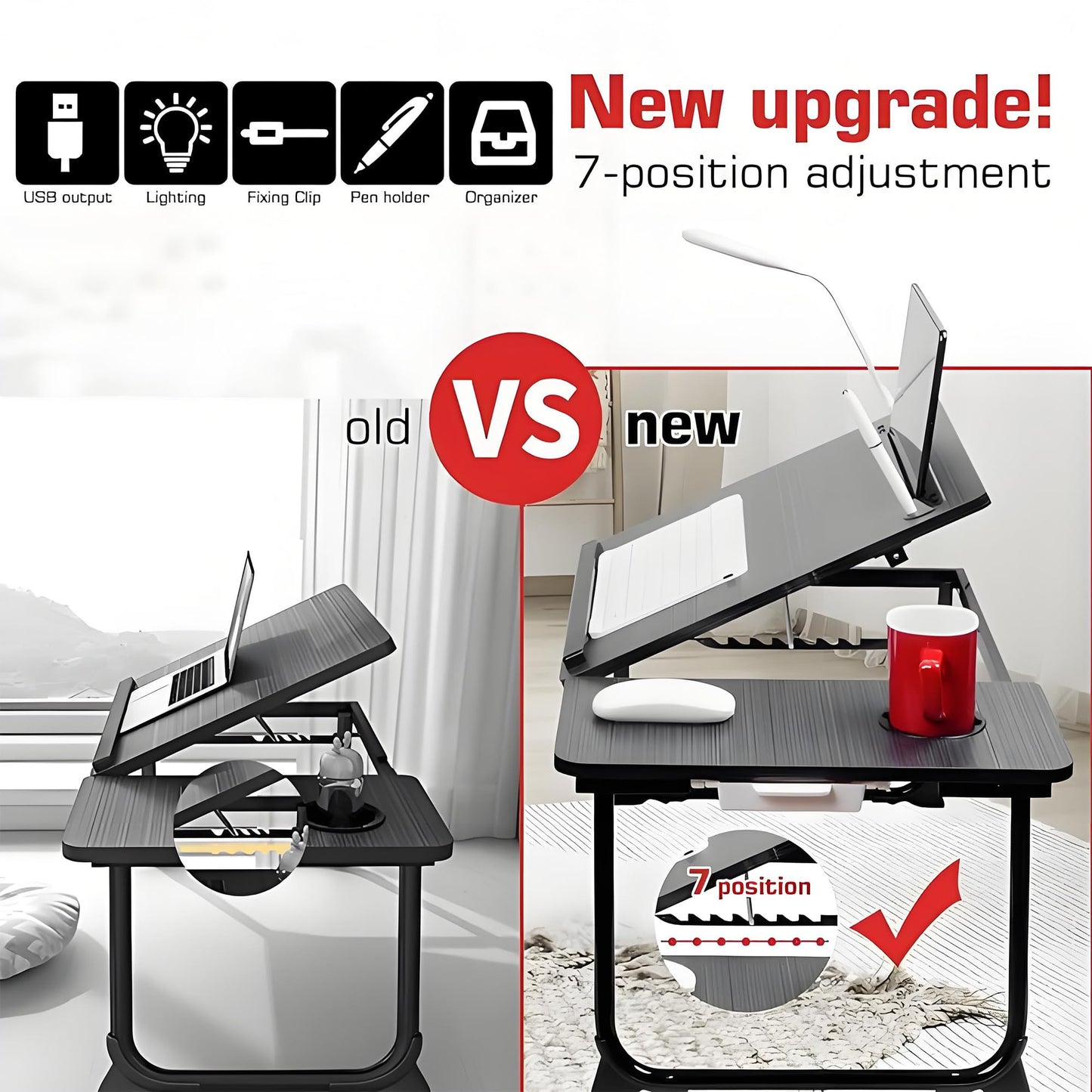 Laptop Desk, Laptop Bed Table with Foldable Legs, Cup Holder, Storage Drawer and USB Charging Port, Lap Desk Suitable for Work, Reading, Writing