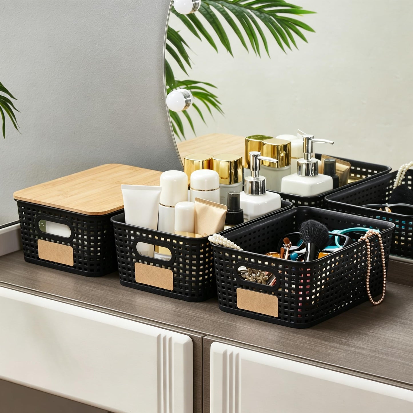 Sagittar Set of 6 Storage Boxes with Bamboo Lid, Imitation Rattan Plastic Storage Basket, Stackable Storage Bins, Ideal for Kitchen, Bathroom, Office