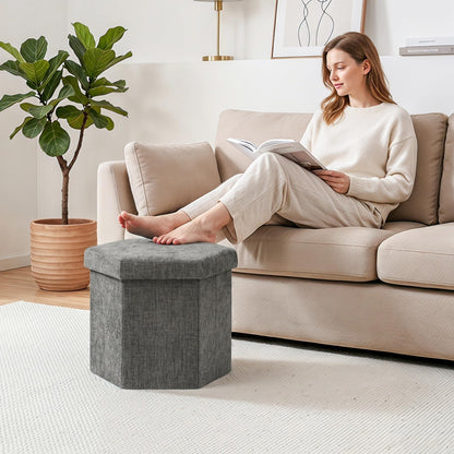 PINPLUS Chenille Ottoman Storage Box, Hexagonal Folding Stool, Grey