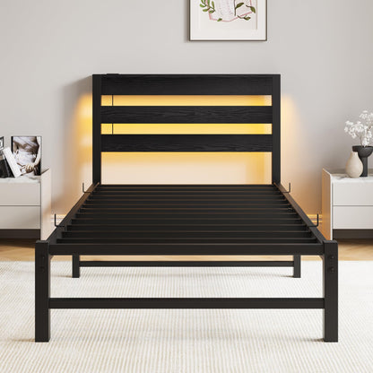 VERFARM 3ft Single Bed Frame with Charging Station and LED Lights, Heavy Duty Metal Platform Single 90x190 cm Bed Frame with Wood Storage Headboard