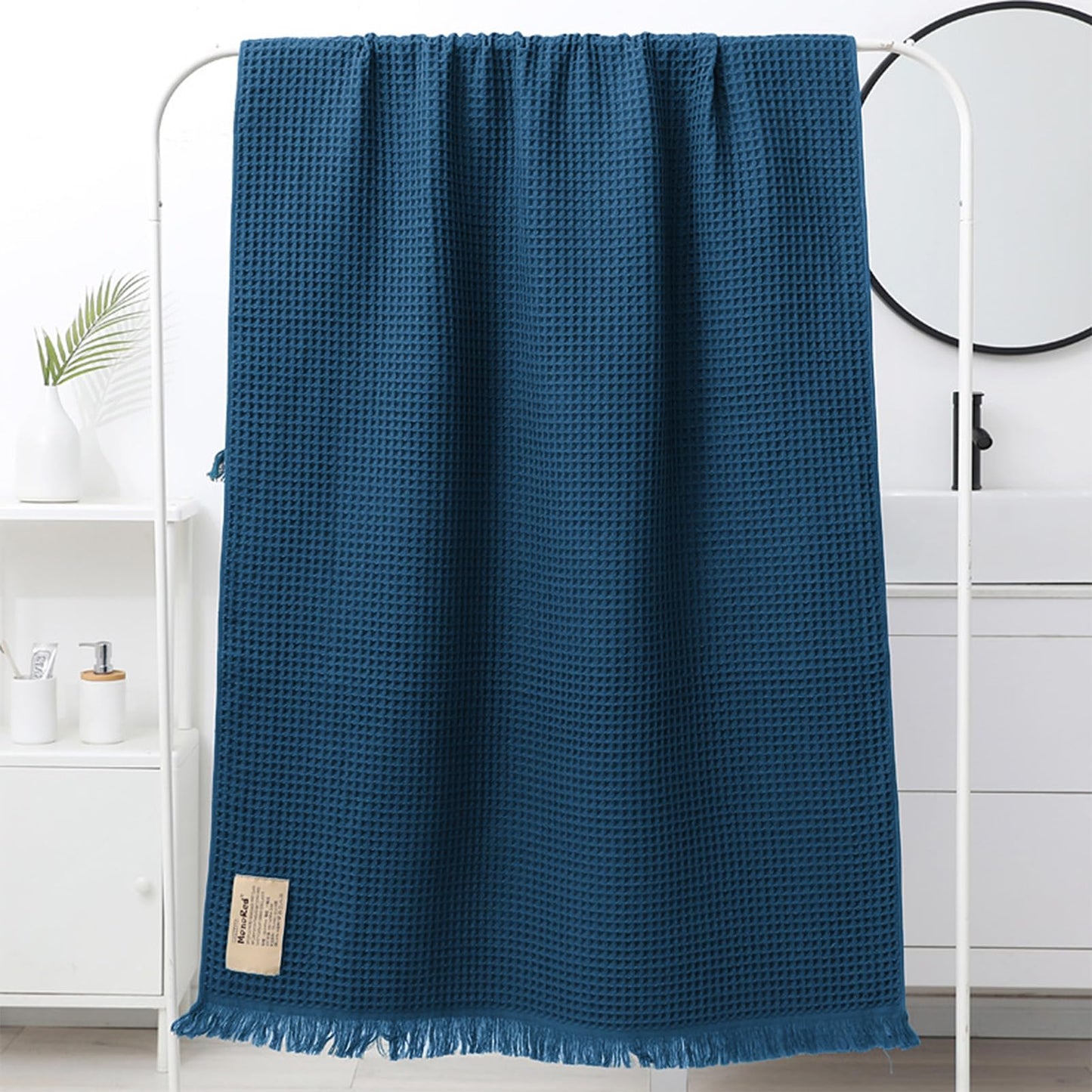 Jamron Pure Cotton Waffle Bath Towel Quick Dry Soft 180x90cm Large Bath Sheet Tassel Shawl SN079108 Blue
