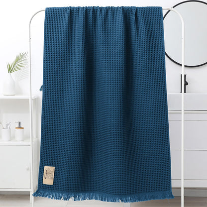 Jamron Pure Cotton Waffle Bath Towel Quick Dry Soft 180x90cm Large Bath Sheet Tassel Shawl SN079108 Blue