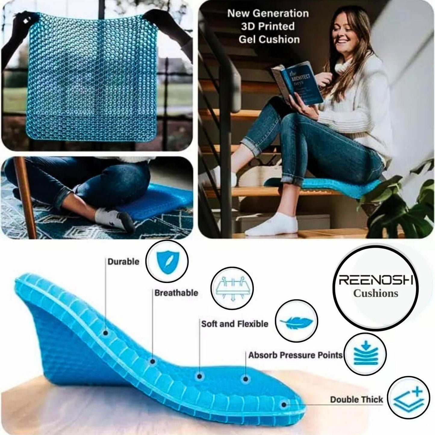 Gel Seat Cushion Double thickness Honeycomb design, Orthopaedic Cushion for Sciatica Tailbone Coccyx pain relief and Support